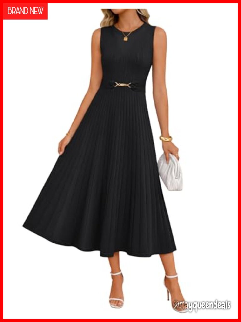 Sleeveless Knit Midi Dress Pleated Belted Sweater Dress